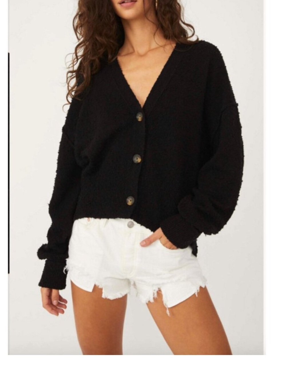 Free People Found my friend Cozy V-Neck Button Front Black Sweater Size M